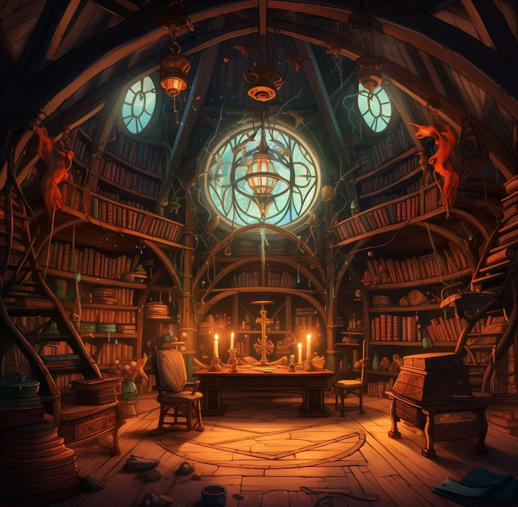 Illustration of a towering wizard’s library lit by candles, the world of The Wizard's Chamber