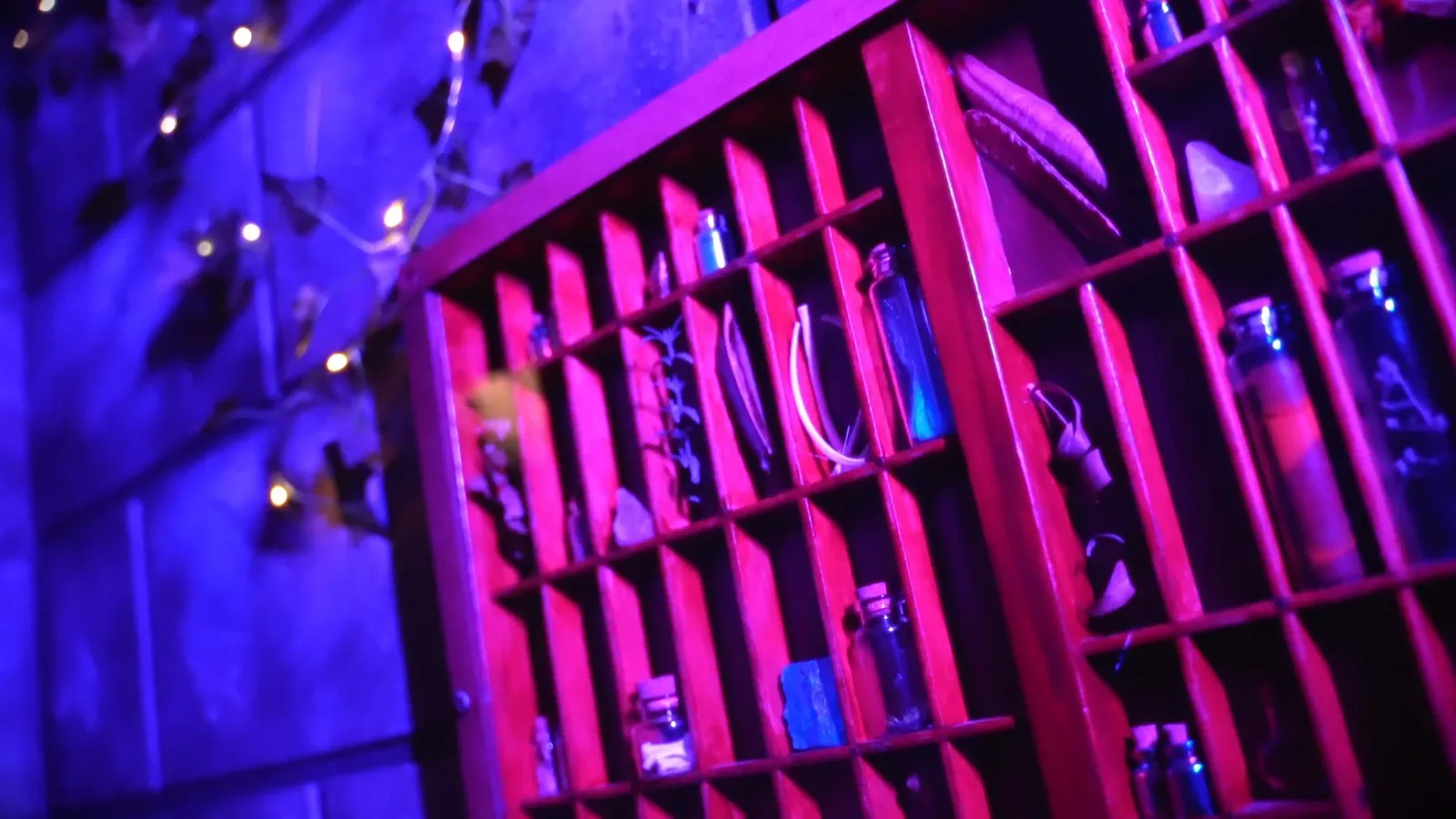 Potion bottles on the shelves of The Wizard's Chamber