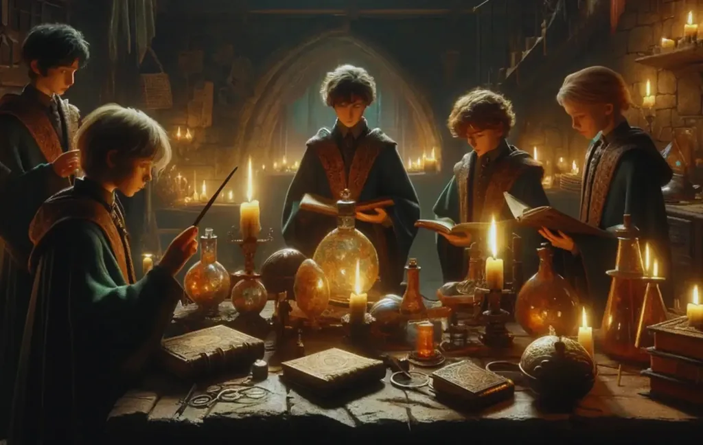 Young students of magic studying by candlelight, the class sent into The Wizard's Chamber
